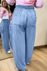 Beau Blue Drawstring Elastic Waist Pocketed Loose Denim Pants