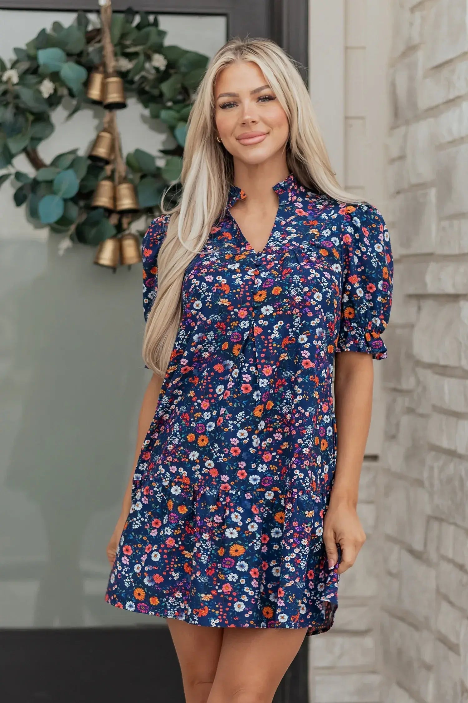 Blue Wild Daisy Floral Split Neck Short Puff Sleeve Mini Dress