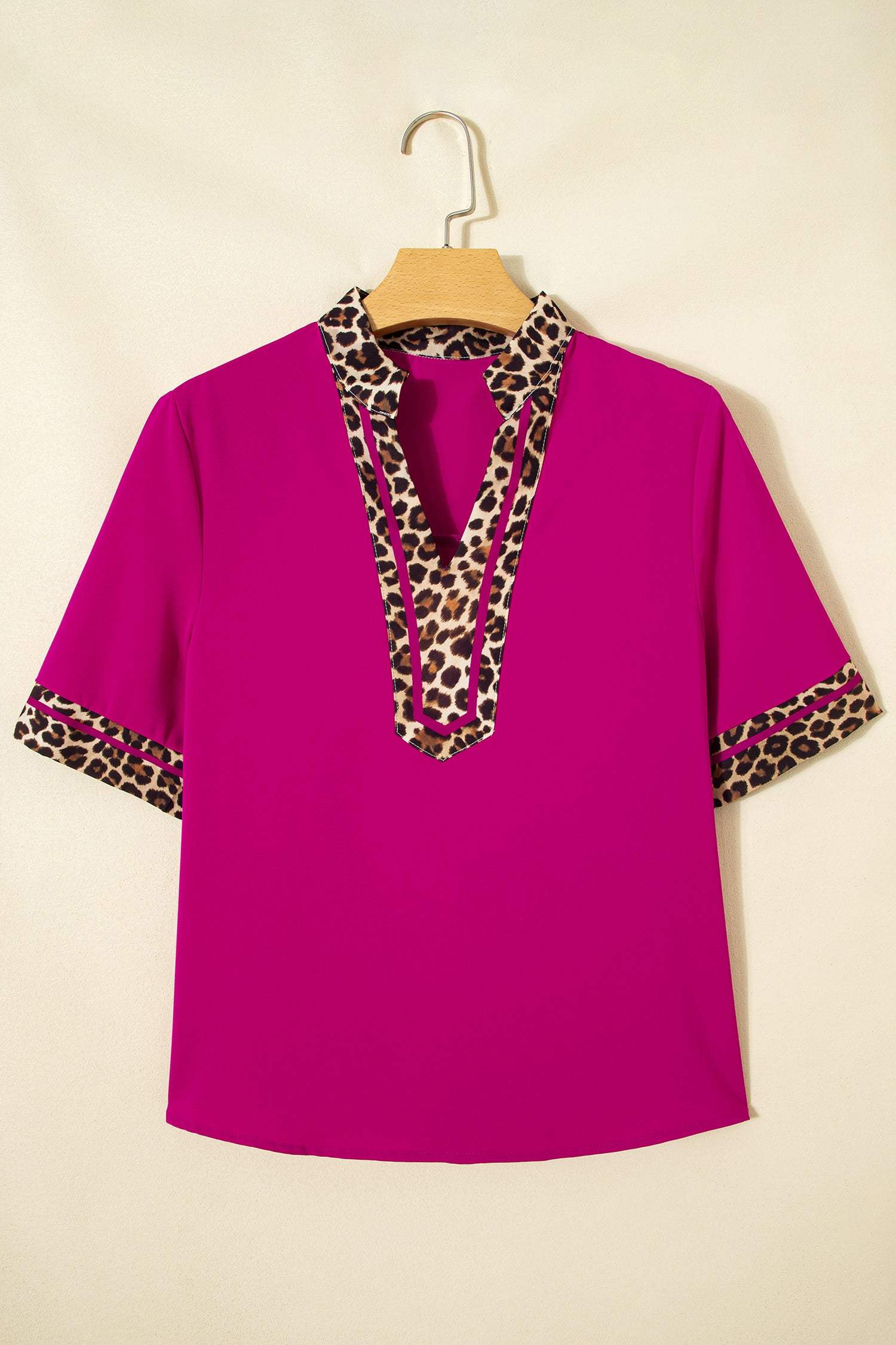 Violet Leopard Patchwork Trim Split Neck Short Sleeve Blouse