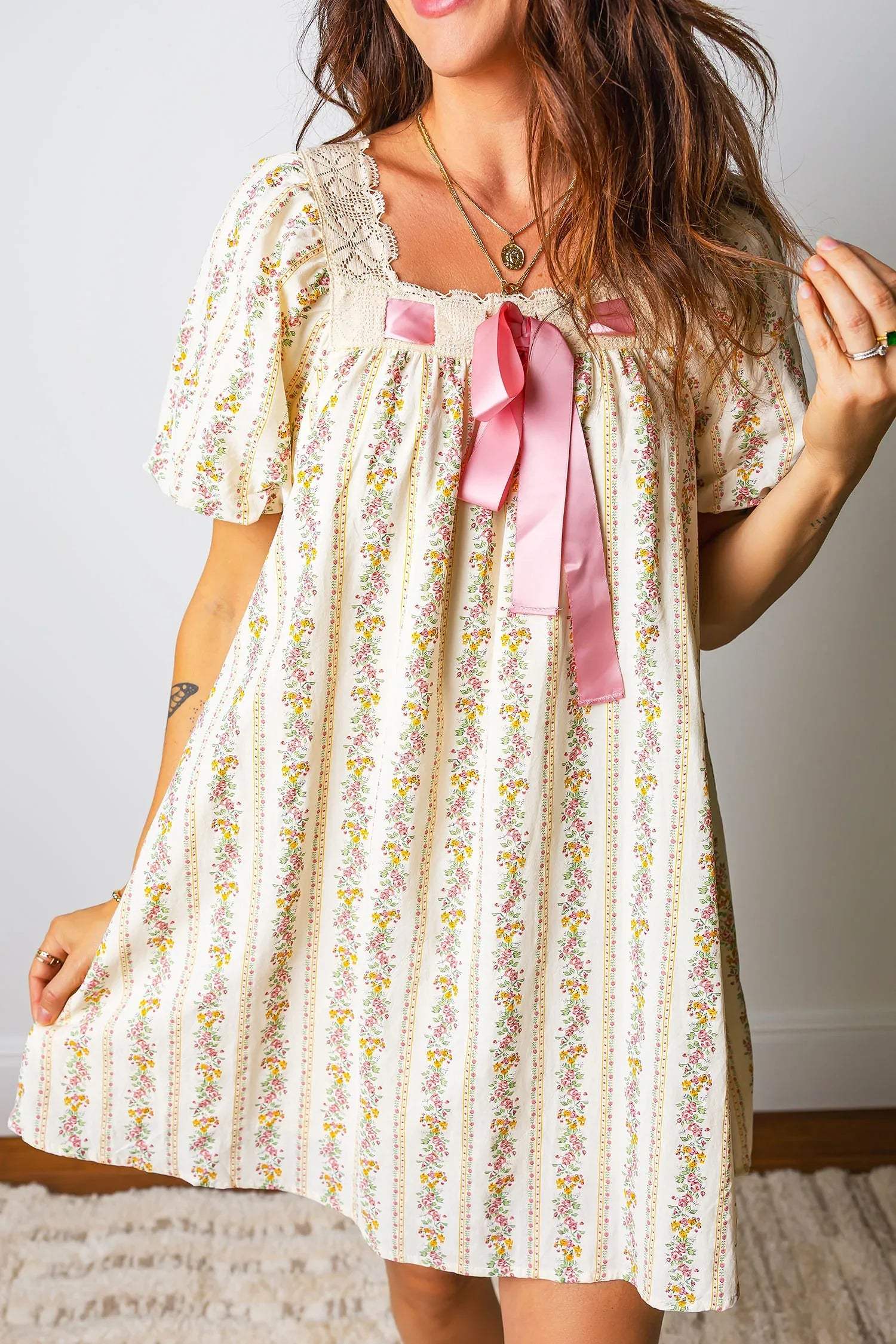 Multicolour Floral Print Contrast Ribbon Bow Lace Trim Square Neck Mini Dress