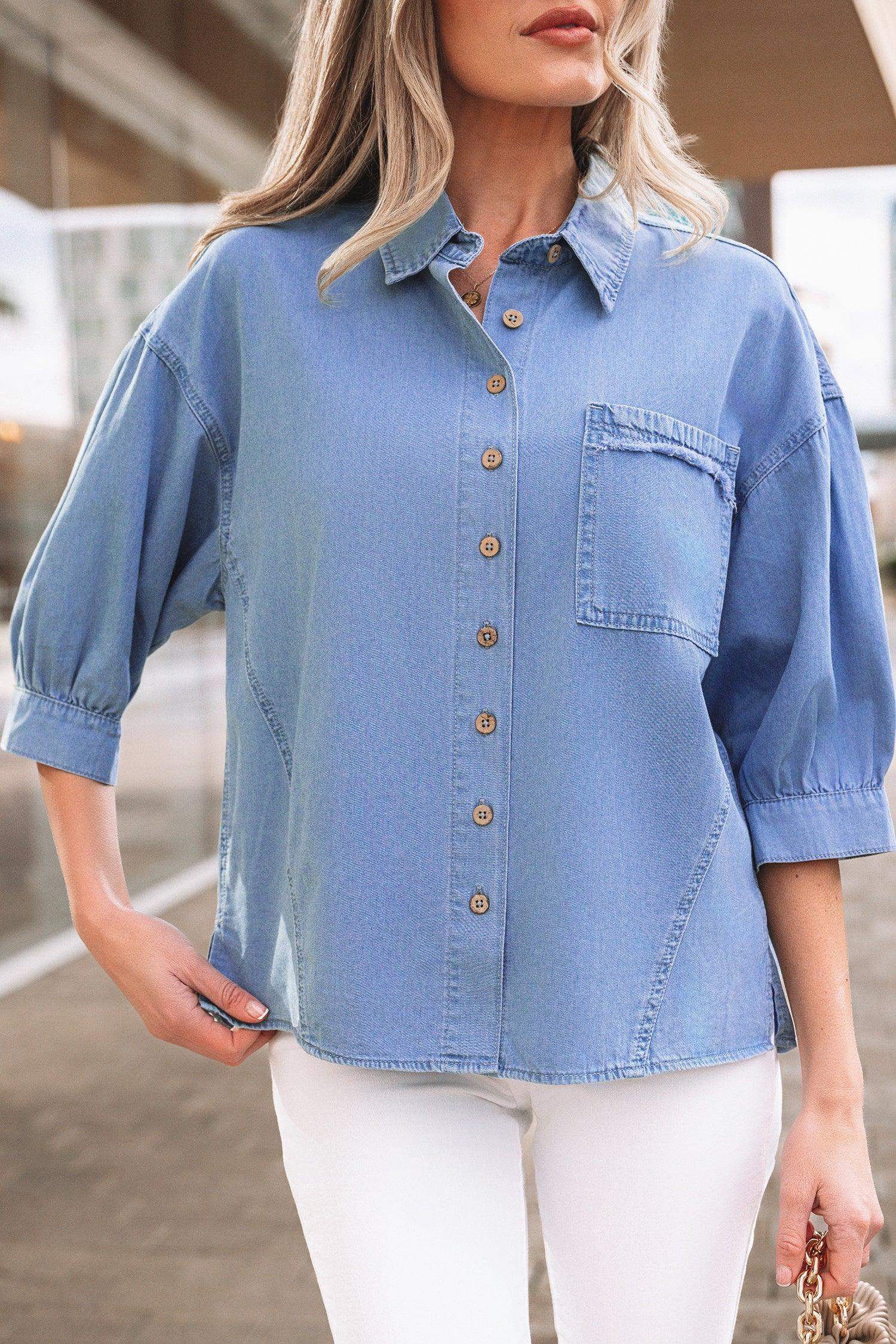 Myosotis Washed Drop Shoulder Bracelet Sleeve Chambray Shirt