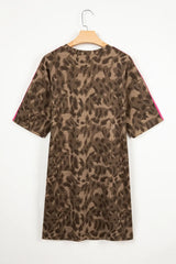 Brown Loose Contrast Striped Accent Leopard T Shirt Mini Dress with Pockets