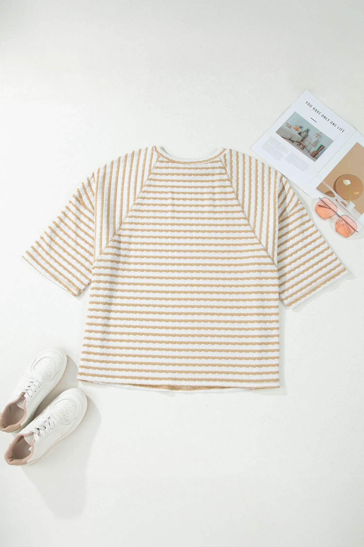 Apricot Stripe Plus Size Textured Patchwork Detail Half Sleeve Top