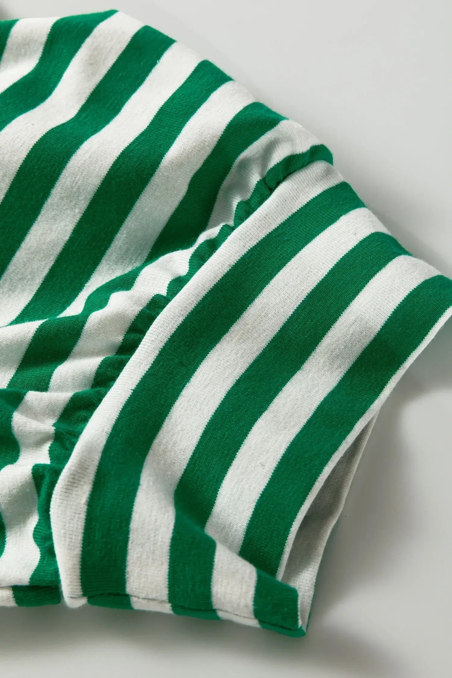 Green Stripe Collared V Neck Short Puff Sleeve Top