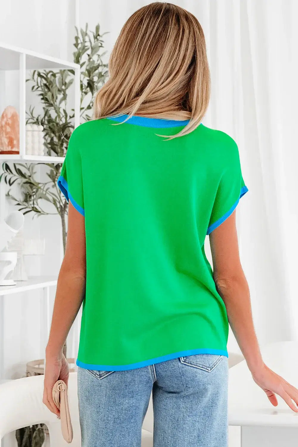 Green Contrast Trim Round Neck Short Sleeve Loose Knit Sweater