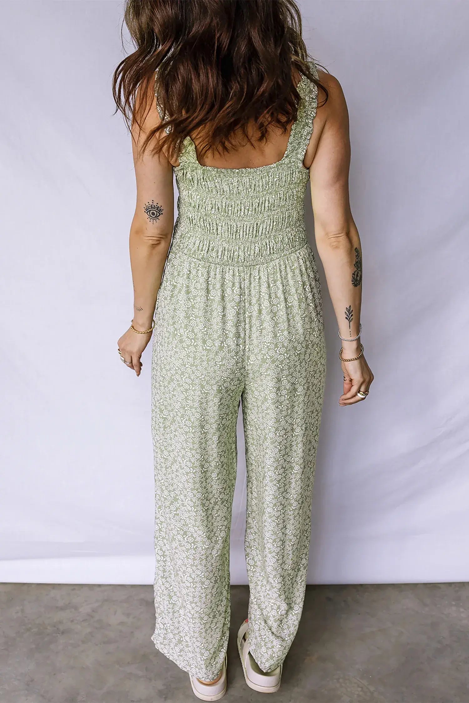 Green Smocked Bodice Square Neck Sleeveless Floral Jumpsuit