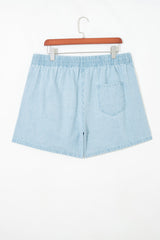 Sky Blue Stripe Plus Size Contrast Drawstring Elastic Waist Denim Shorts