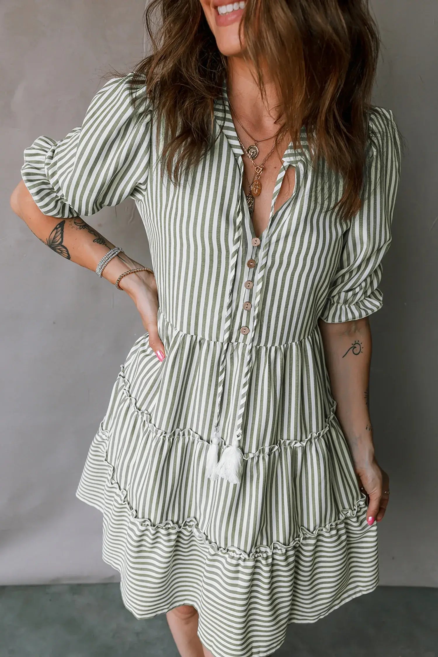 Green Stripe Tasseled Tie Neck Ruffled Short Sleeve Tiered Flattering Dress