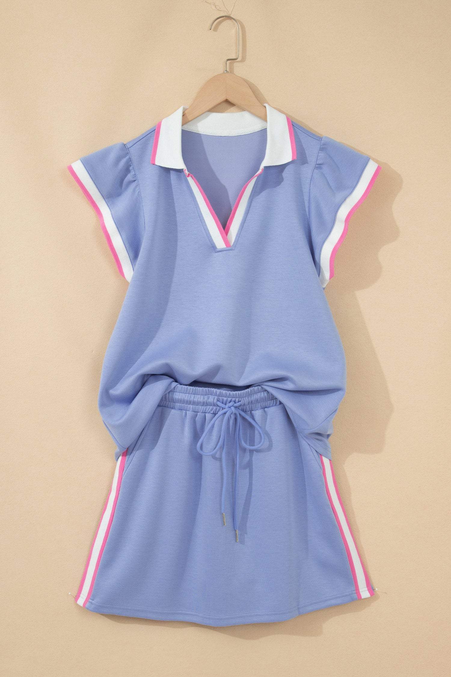 Sky Blue Preppy Striped Trim V Neck Polo Tee Drawstring Skirt Set