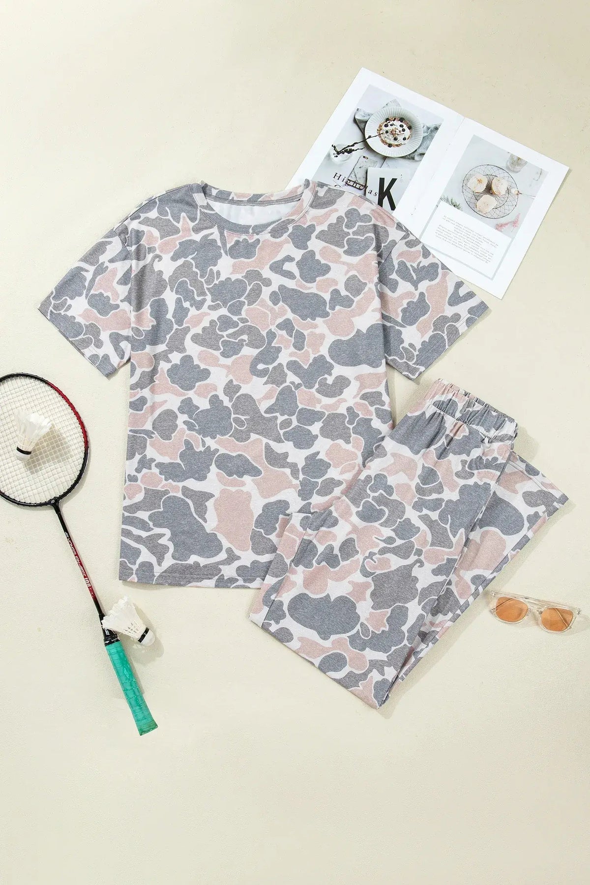 Multicolour Camouflage Short Sleeve Top and High Waist Wide Leg Pants Set