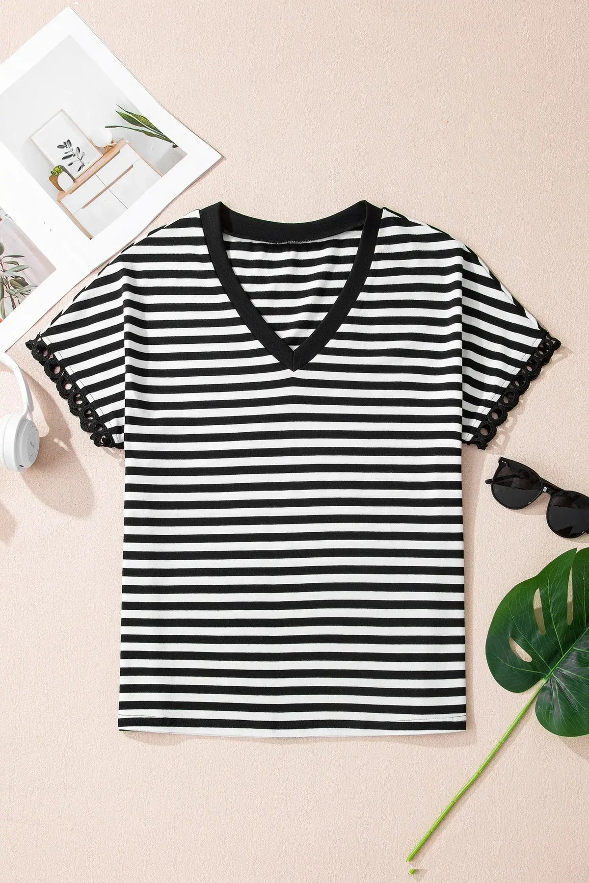 Black Striped Print V Neck Delicate Trim Casual Tee