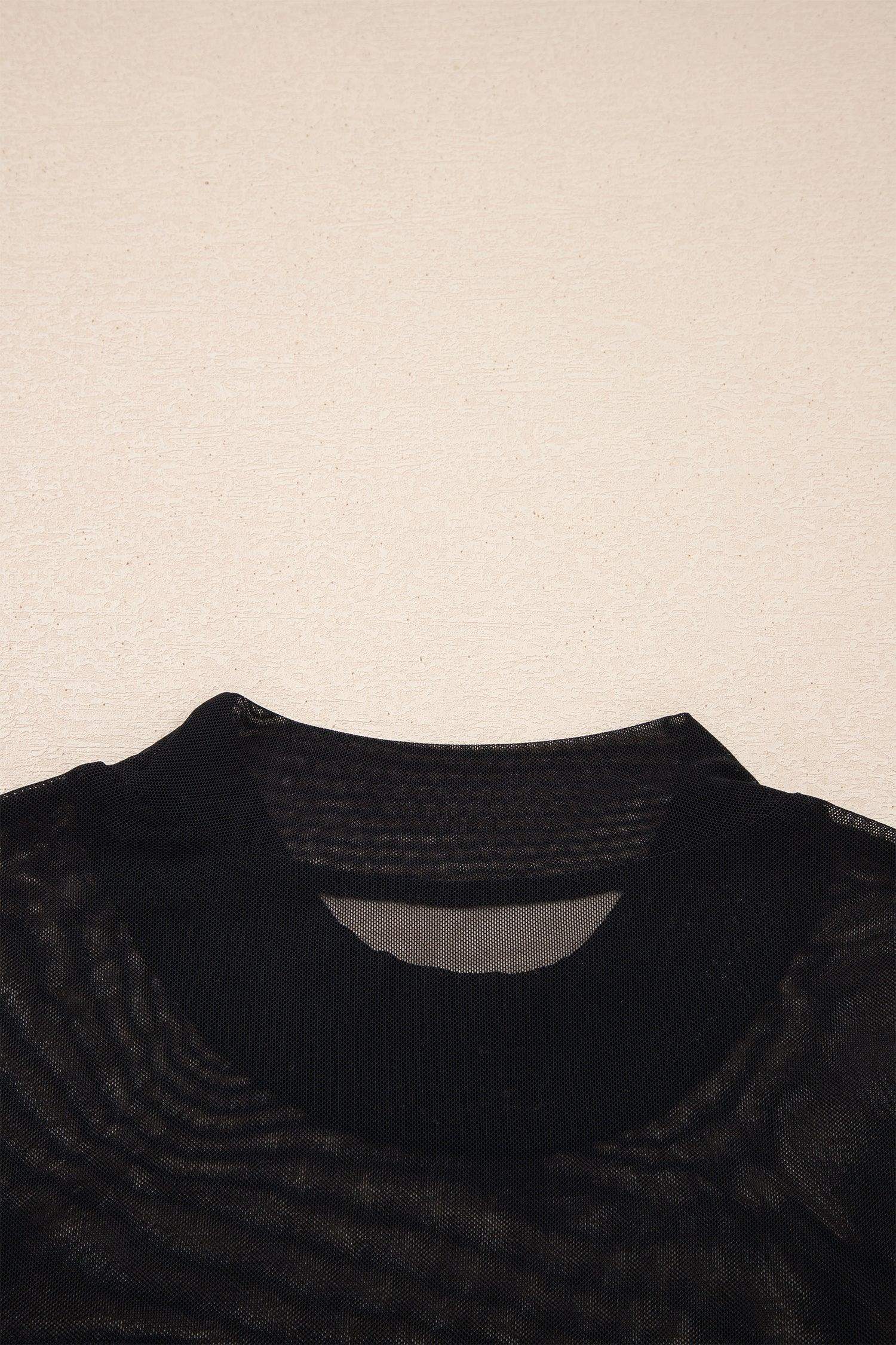 Black Sheer Mesh Patchwork Cap Sleeve T Shirt