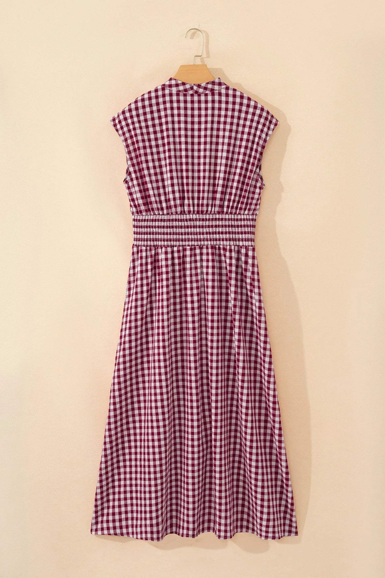 Red Plaid Print Full Zipper Cinched Waist Fit Flare Sleeveless Maxi Dress