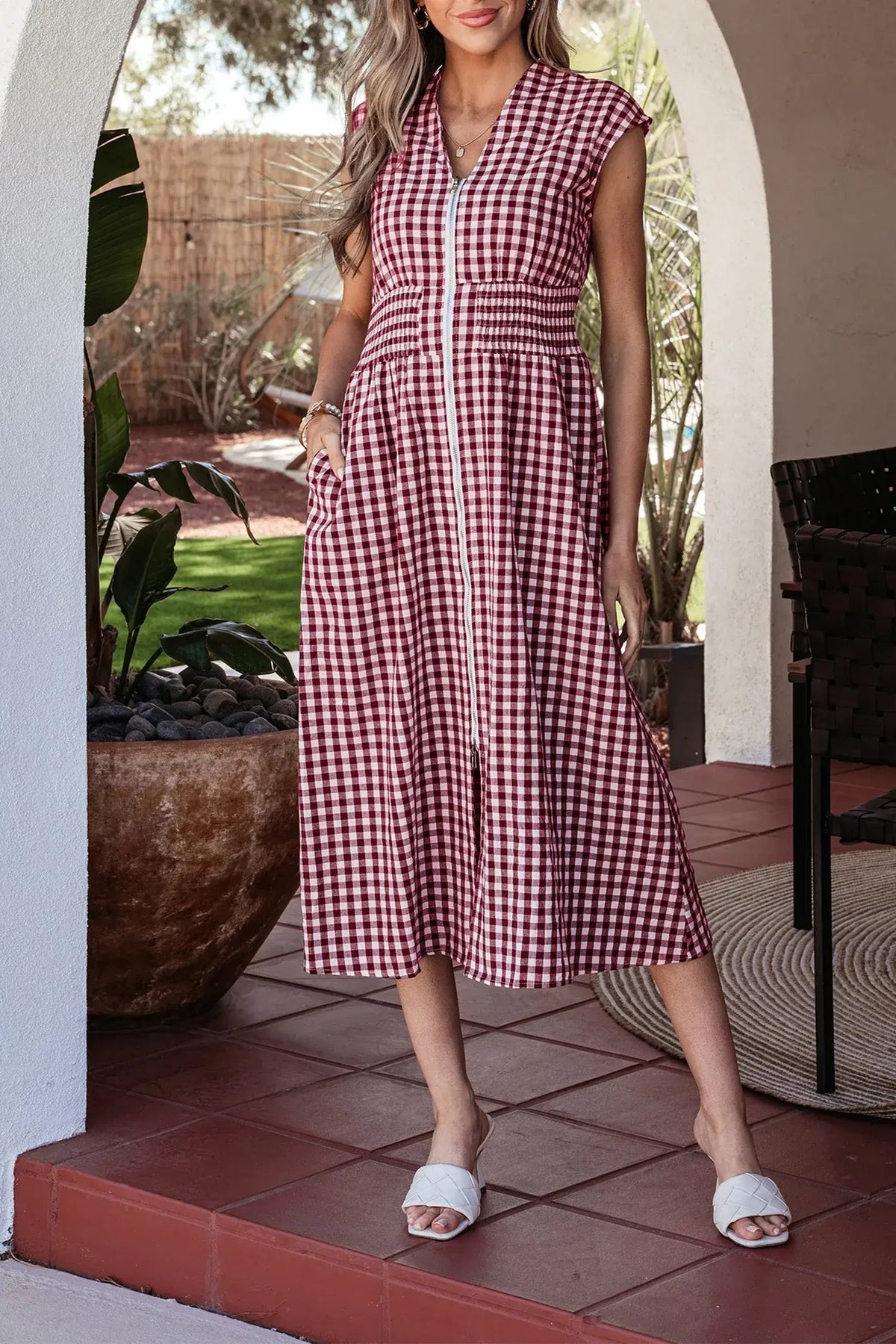 Red Plaid Print Full Zipper Cinched Waist Fit Flare Sleeveless Maxi Dress