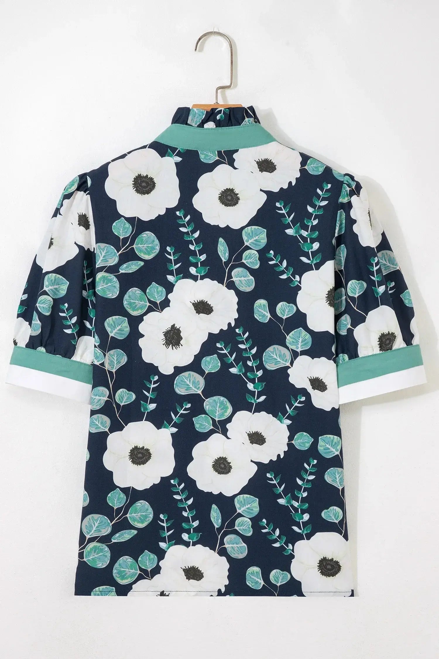 Blue Floral Print Striped Patchwork V Neck Short Sleeve Blouse