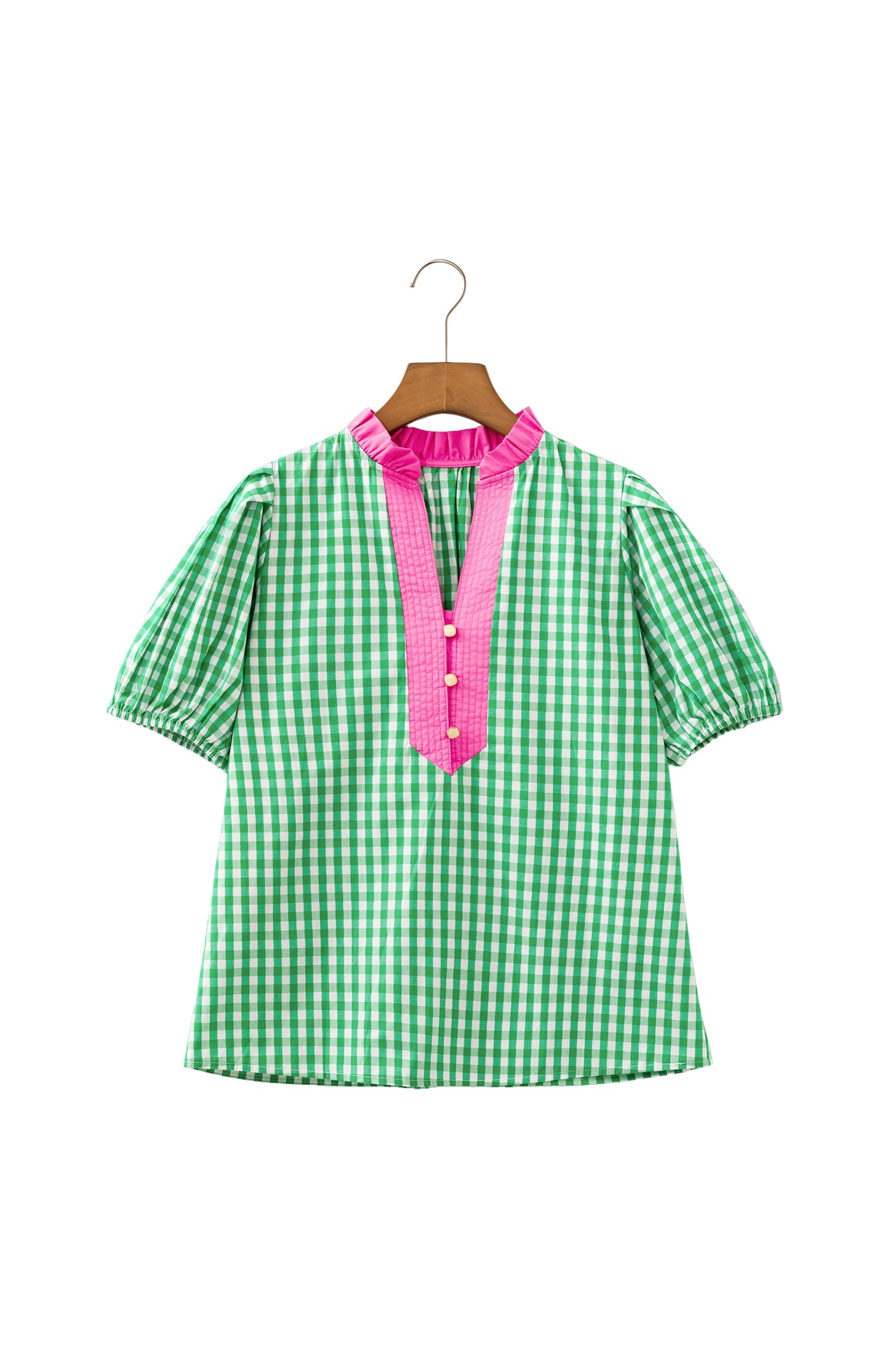 Green Gingham Plaid Bubble Sleeve Colorblock Trim V Neck Blouse