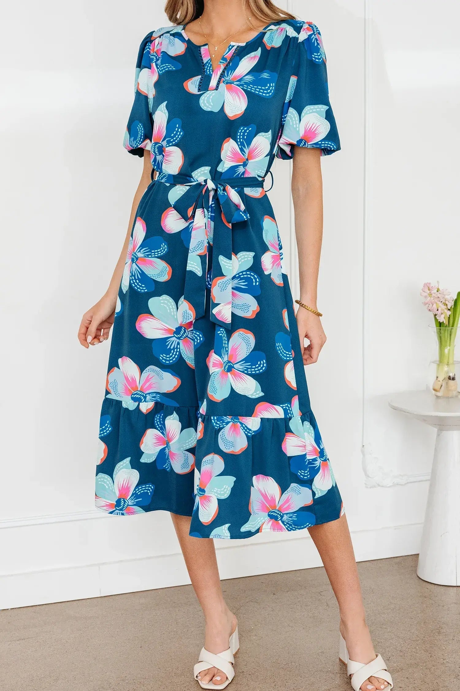 Blue Floral Print Short Puff Sleeve Ruffle Hem Belted Long Dress