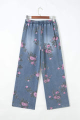 Beau Blue Floral Print Elastic Waist Pull On Casual Jeans
