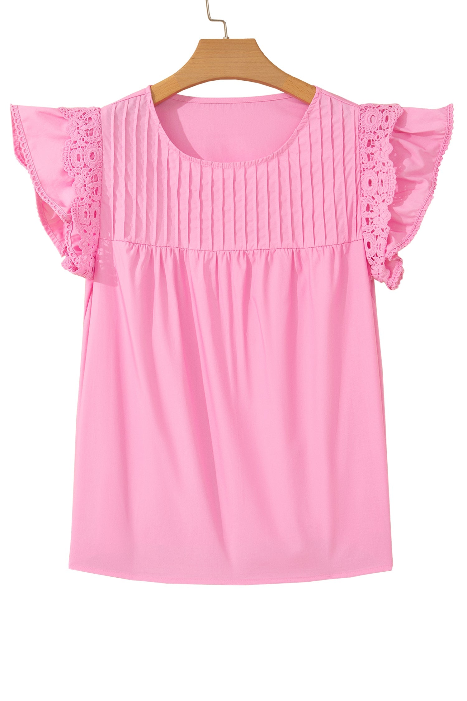 Bonbon Lace Detail Flutter Sleeve Pleated Round Neck Blouse