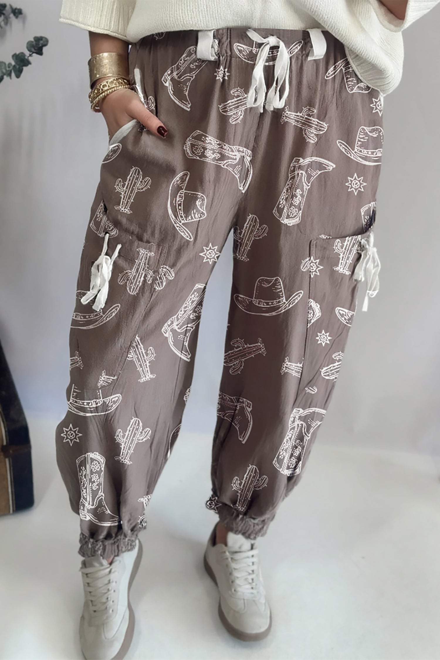 Khaki Western Cactus Cowgirl Hat Boot Printed Vintage Drawstring Jogger Pants
