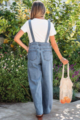 Dusk Blue Pleated Wide Leg Retro Pocketed Denim Jumpsuit