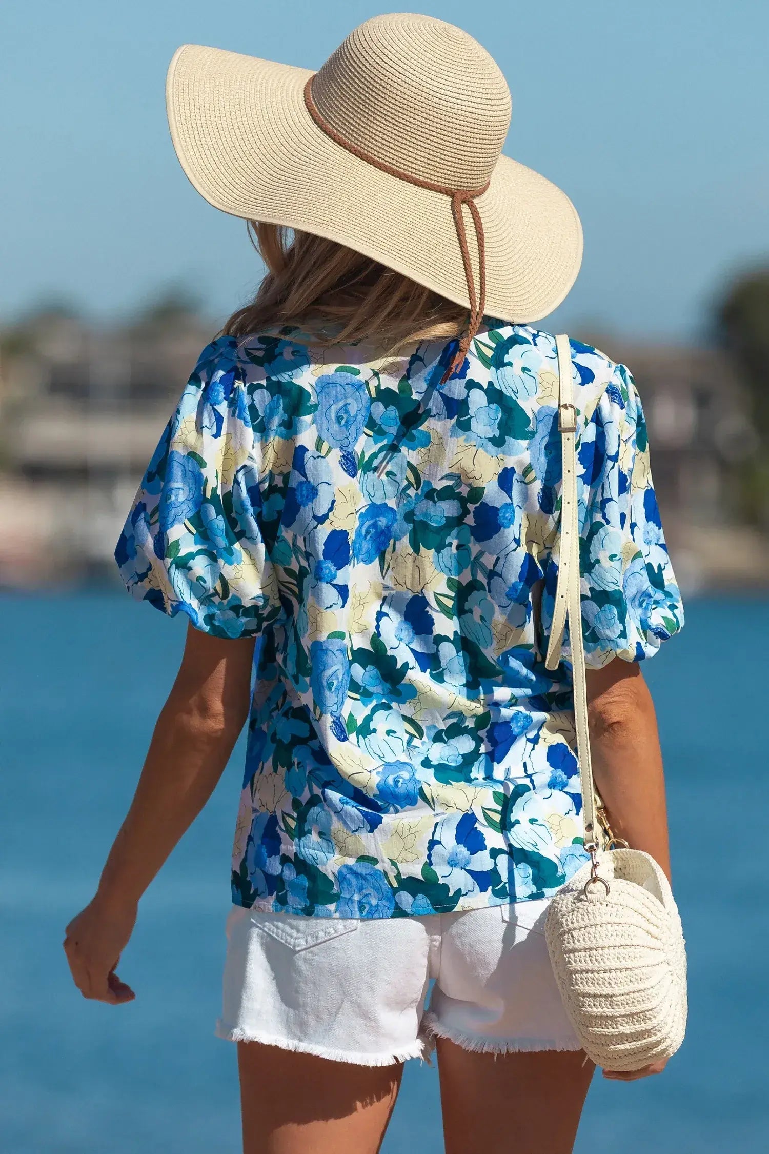 Sky Blue Floral Print Short Puff Sleeve V Neck Blouse