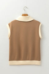Simply Taupe Half Zipper Collared Colorblock Short Sleeve Top