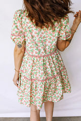 Green Contrast Neckline Ricrac Trim Floral Short Puff Sleeve Dress