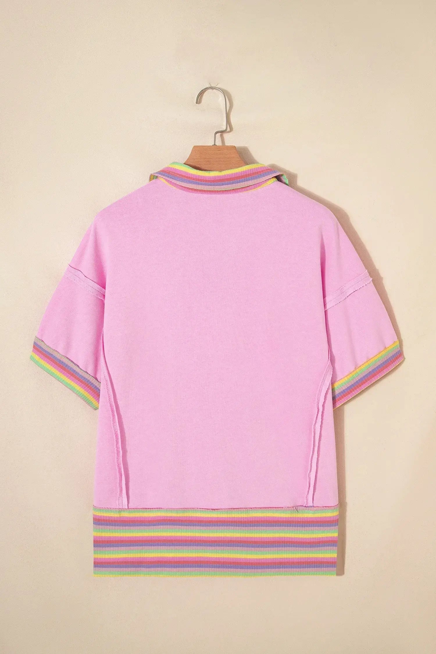 Pink Rainbow Stripe Ribbed Patchwork Raw Seam Oversize Polo Tee