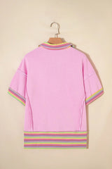 Pink Rainbow Stripe Ribbed Patchwork Raw Seam Oversize Polo Tee