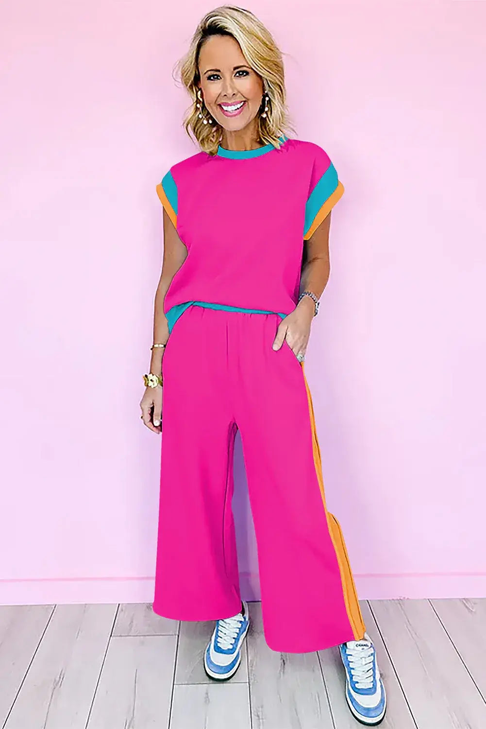 Dark Green Color Block Detail Casual Two-piece Set