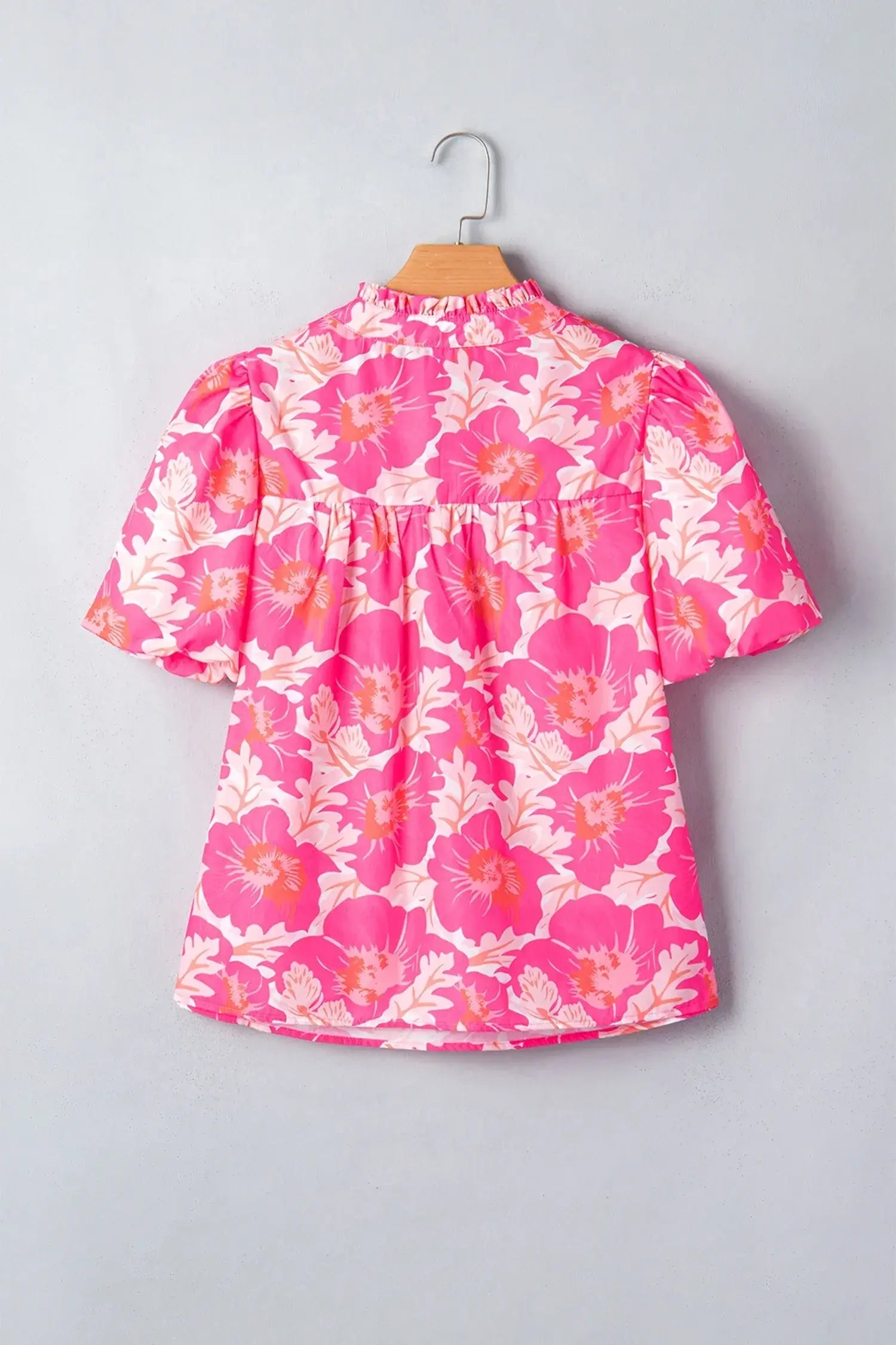 Pink Short Bubble Sleeve Summer Floral Blouse