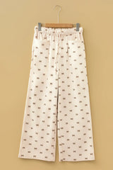 Apricot Bow Print Drawstring Elastic Waist Loose Corduroy Pants