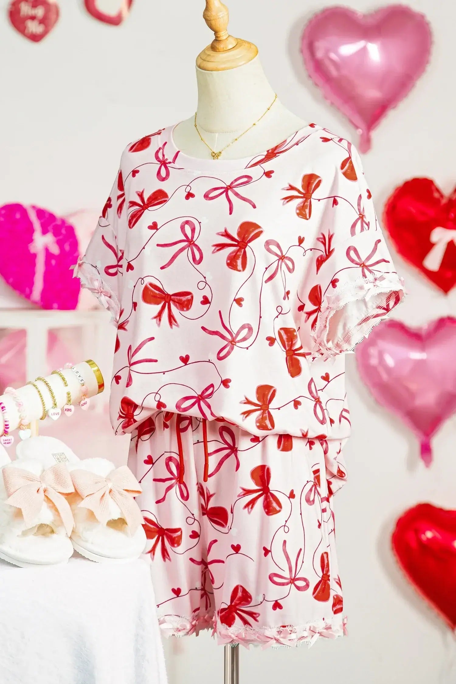 Red Romantic Bow Print Loose Tee Drawstring Shorts 2pcs Lounge Set