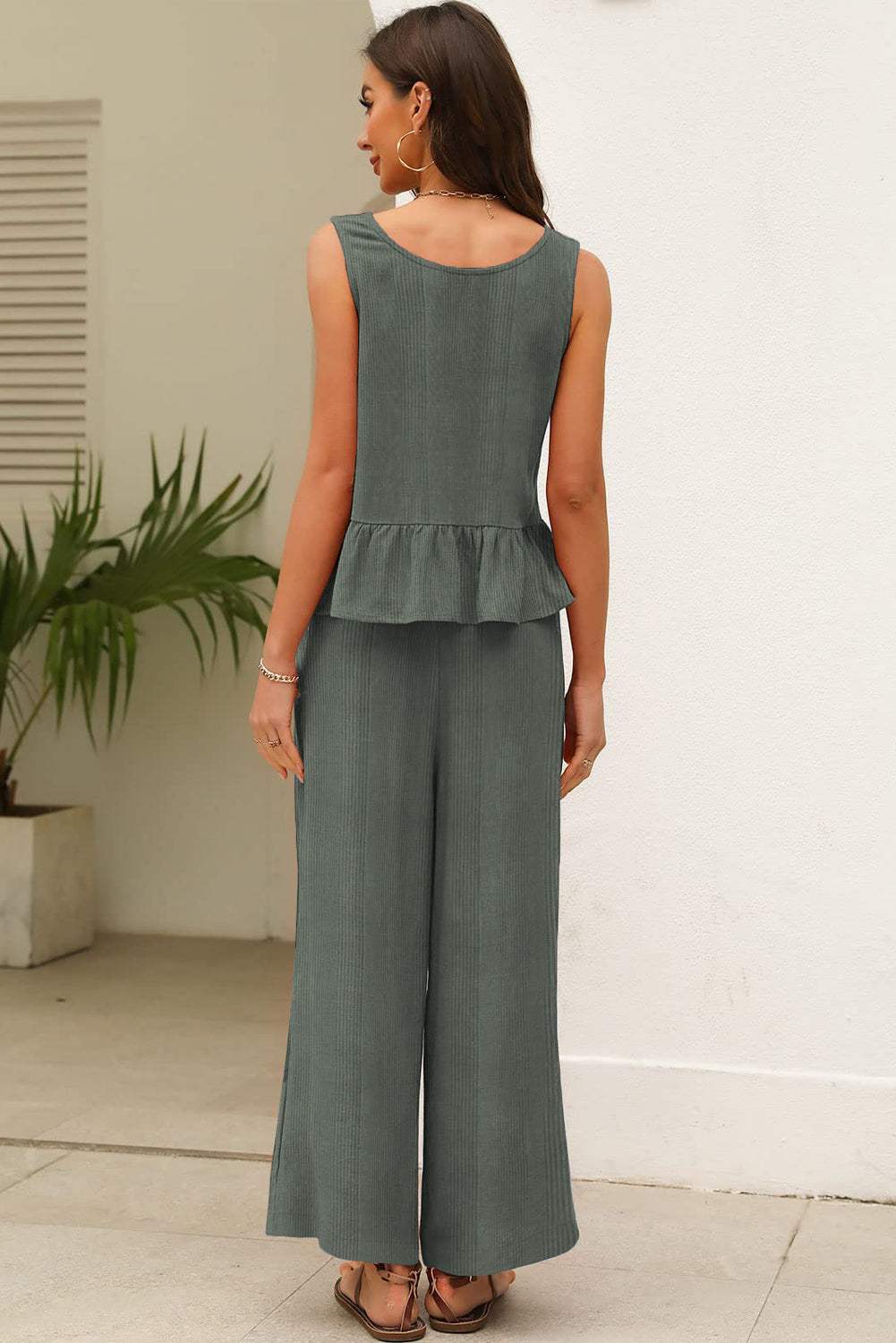 Beau Blue Solid Color Ribbed Ruffle Tank Top and Pants Set