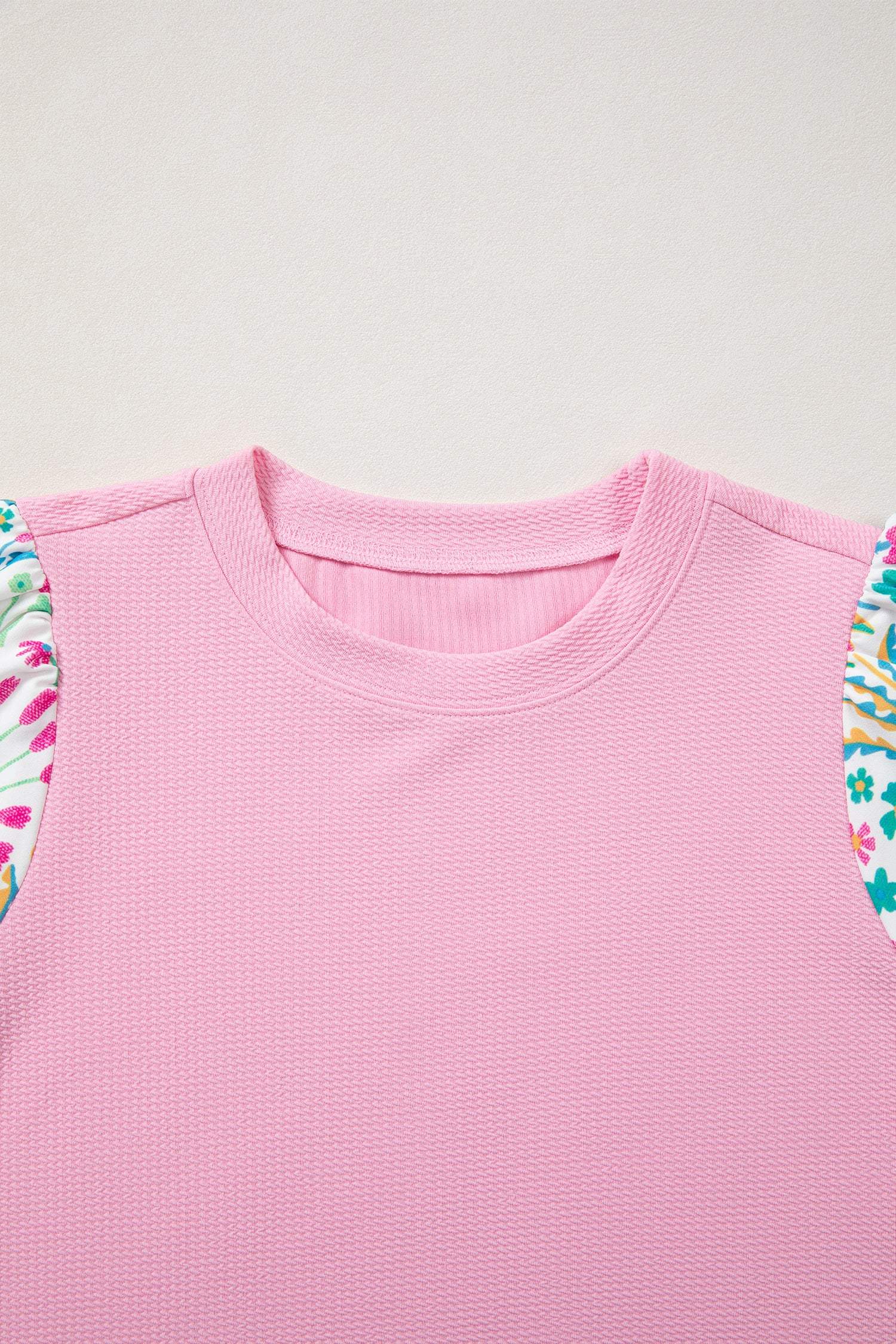 Pink Round Neck Textured Contrast Floral Bubble Sleeve Blouse