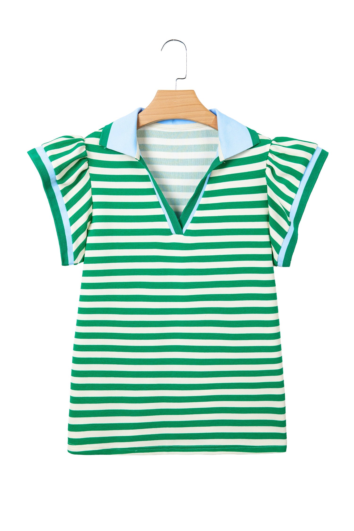 Rose Stripe Contrast Trim Polo Collar Ruffled Short Sleeve Blouse