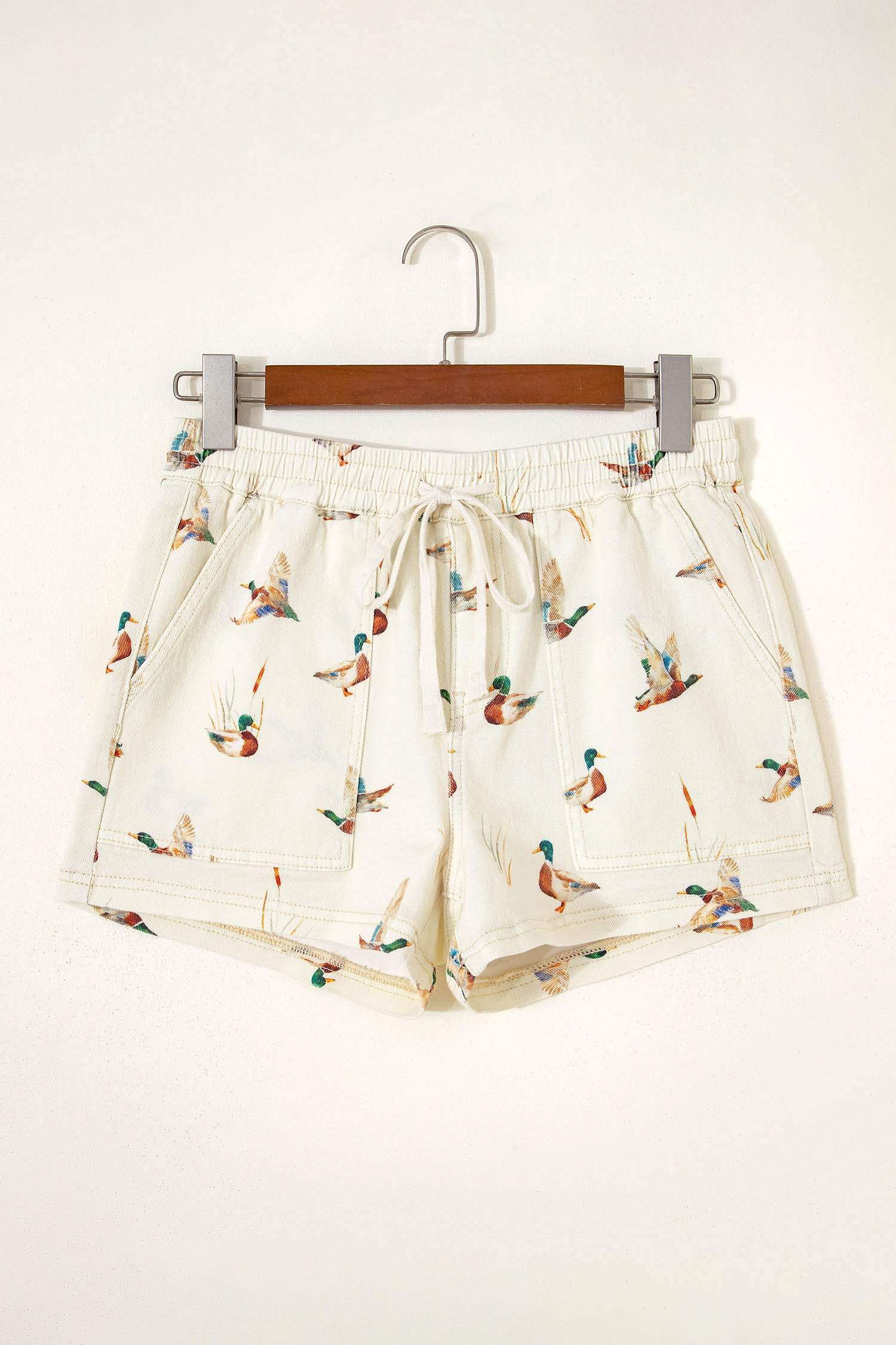 Beige Wild Duck Mallard Printed Drawstring Denim Shorts