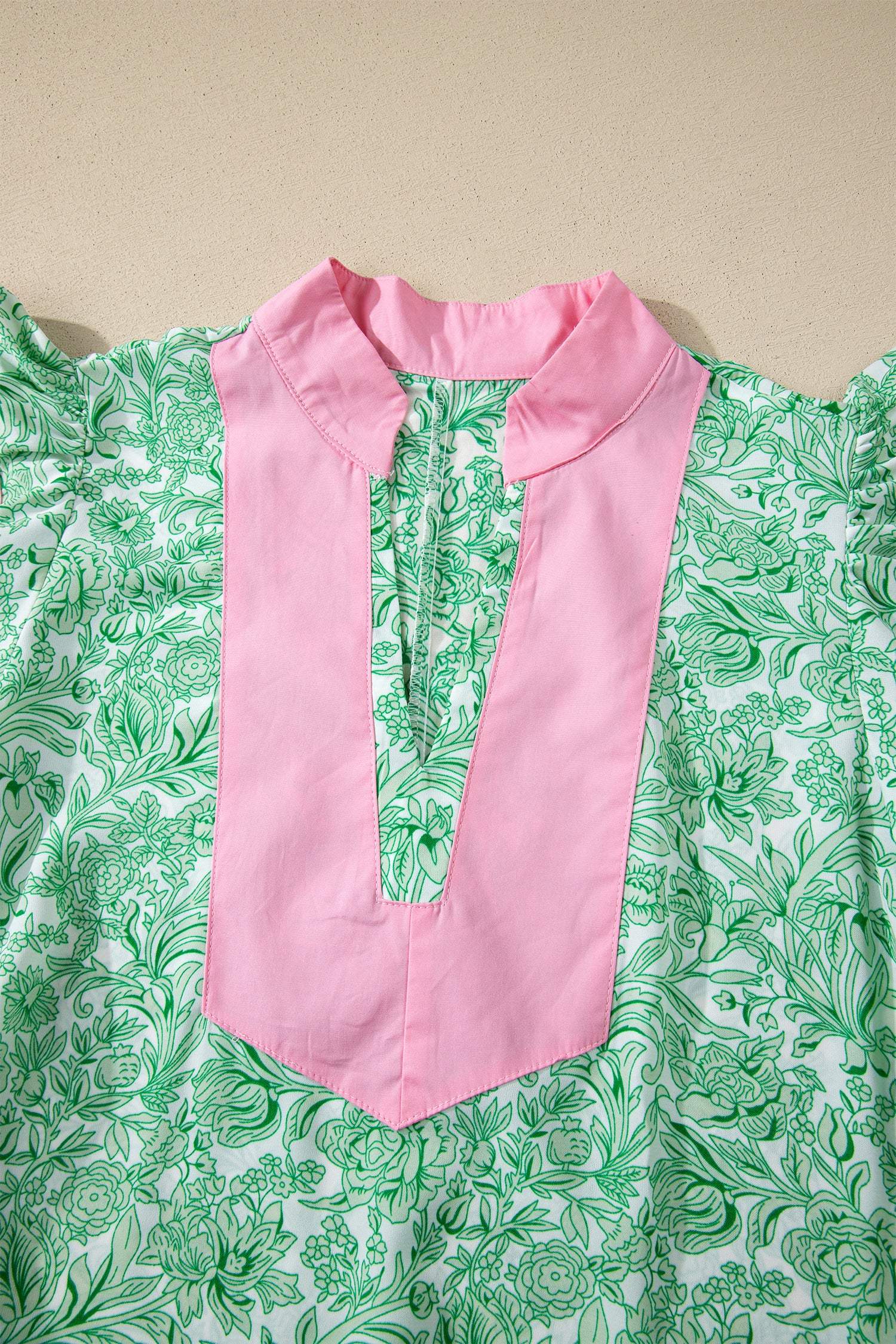 Pink Floral Print Color Block Patchwork V Neck Short Sleeve Midi Dress