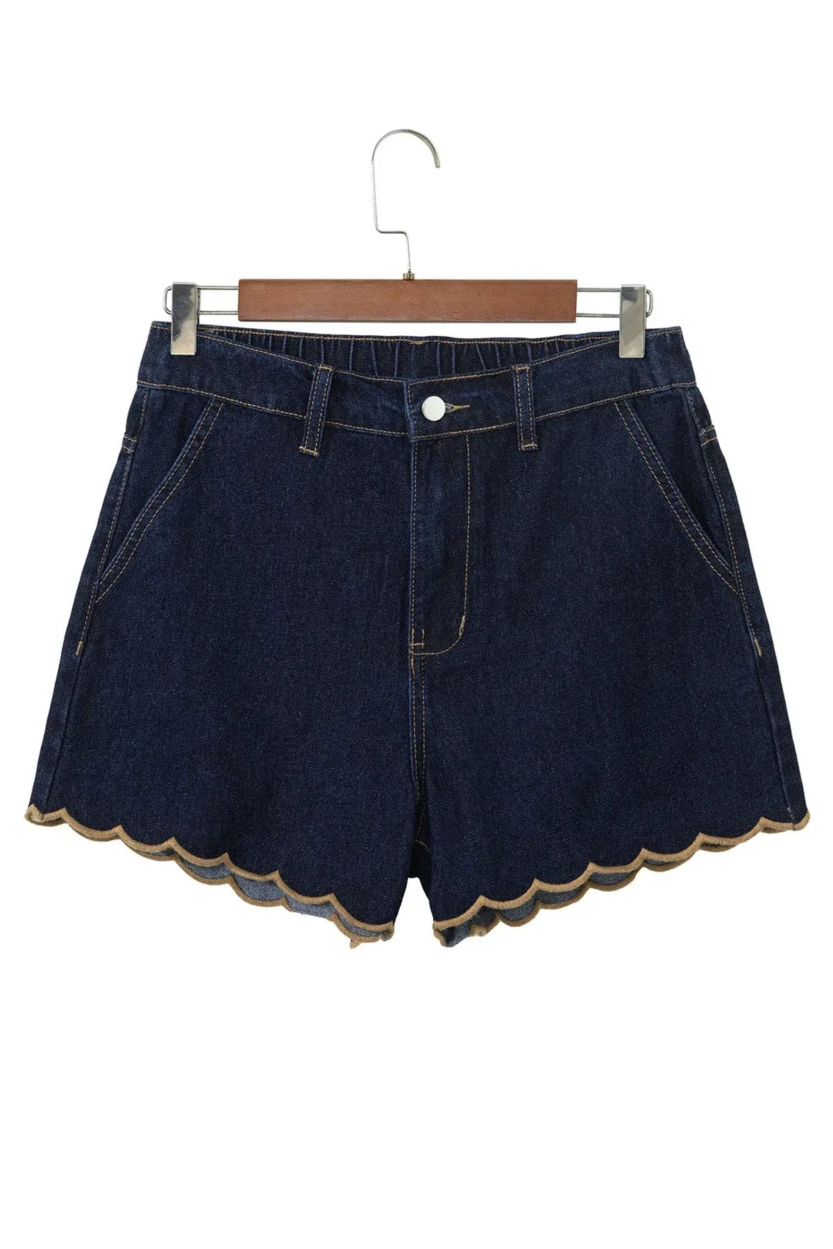 Navy Blue Embroidered Scalloped Trim Relaxed Denim Shorts