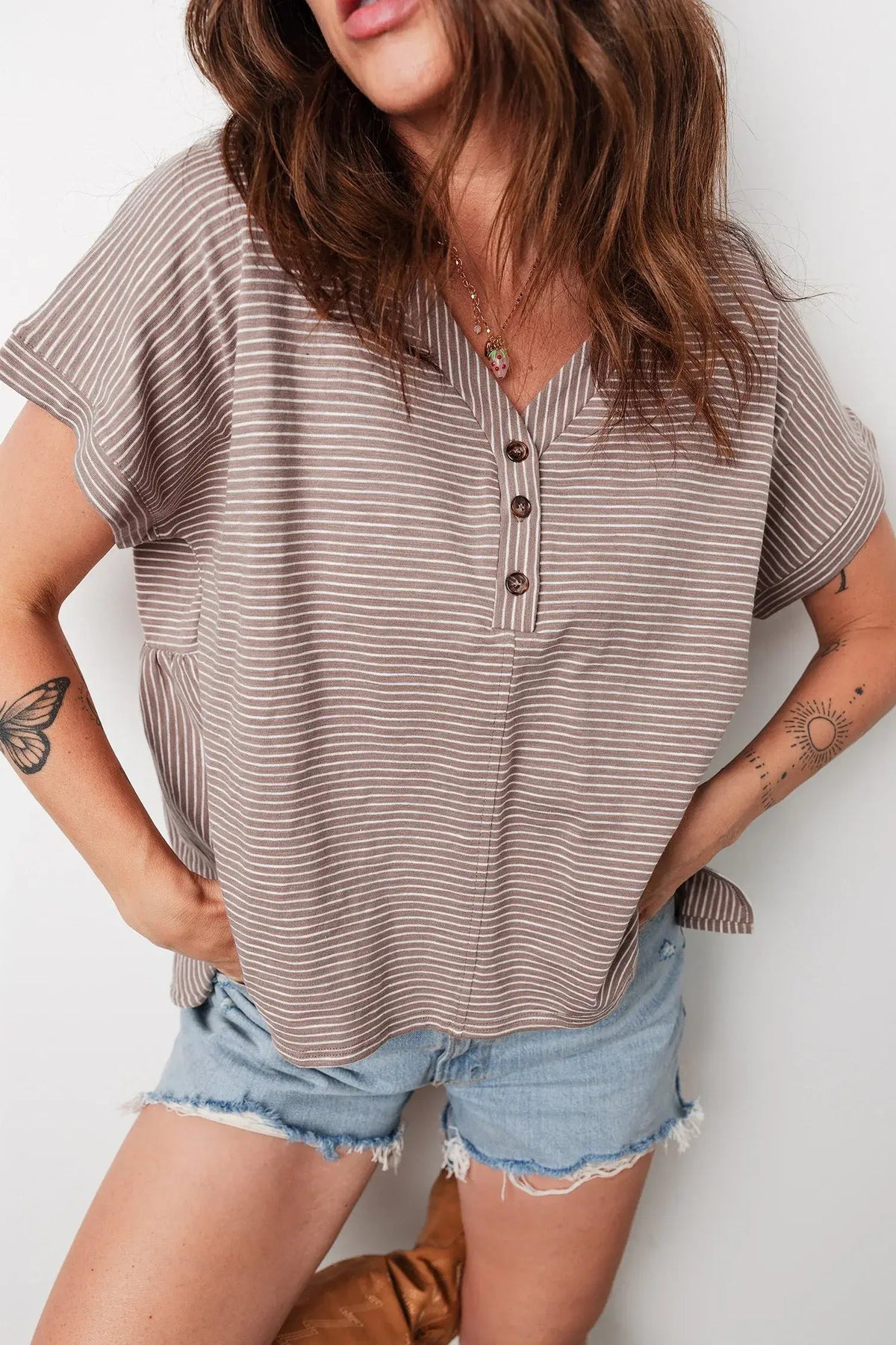 Khaki Stripe Buttoned V Neck High Low Side Slit T Shirt