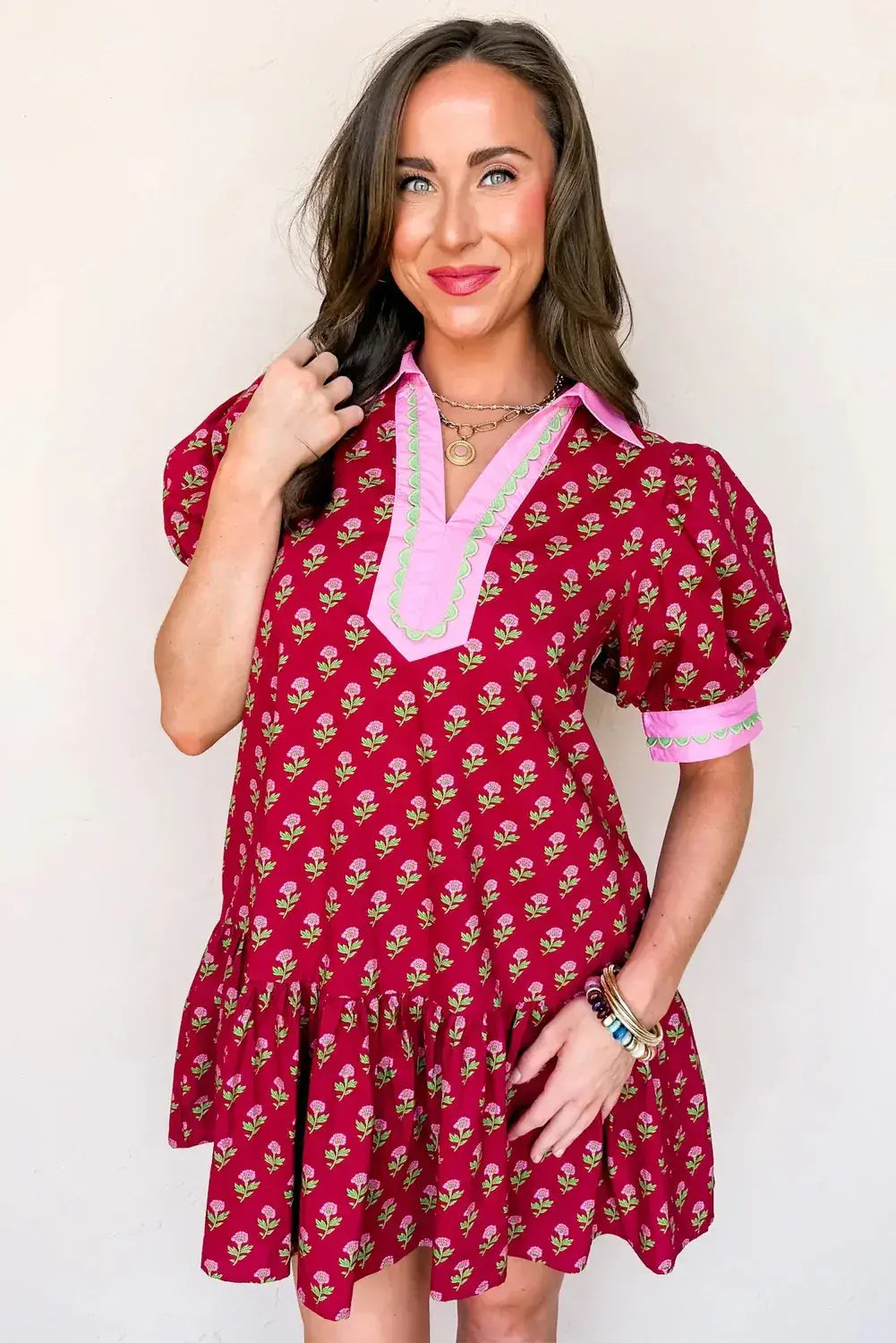 Red Floral Print Contrasted V Neck Short Bubble Sleeve Mini Dress