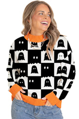 Black High Neck Drop Shoulder Geometric Print Sweater