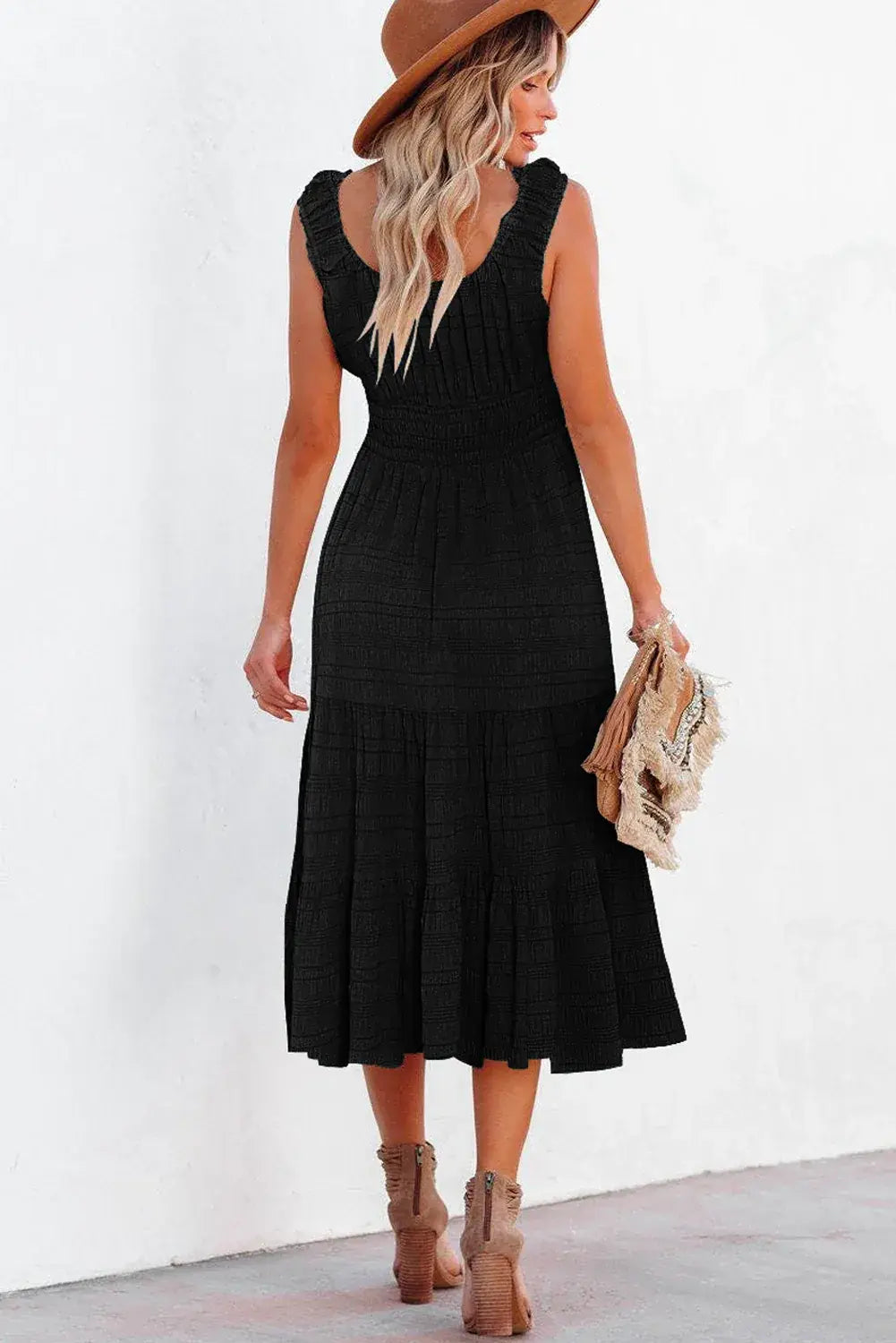 Black Shirred Pleated Square Neck Sleeveless Midi Dress