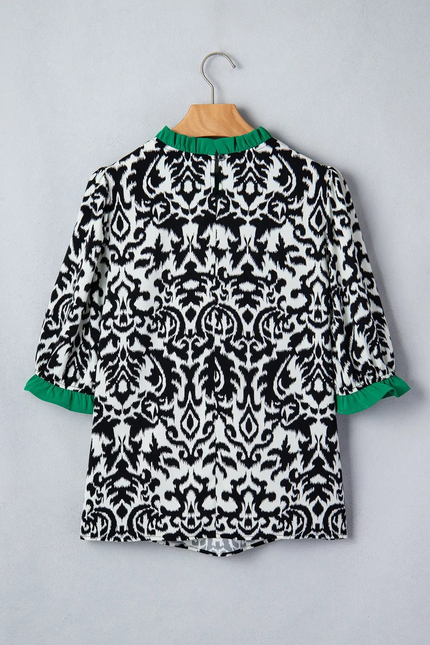 Green Damask Print Ruffled Color Block Detail Half Sleeve Blouse