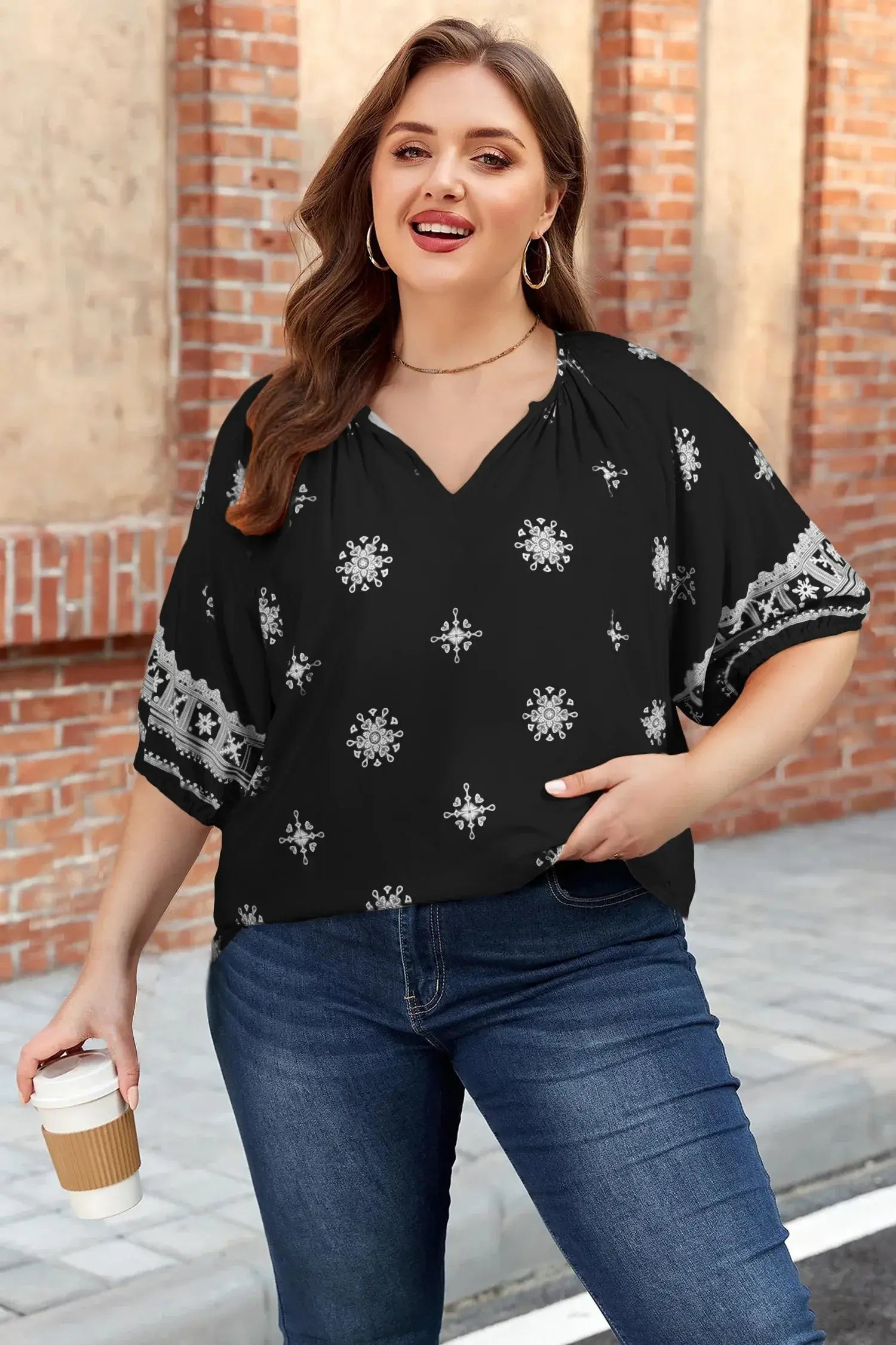 Green Boho Chic Notched V Neck Plus Floral Short Sleeve Top