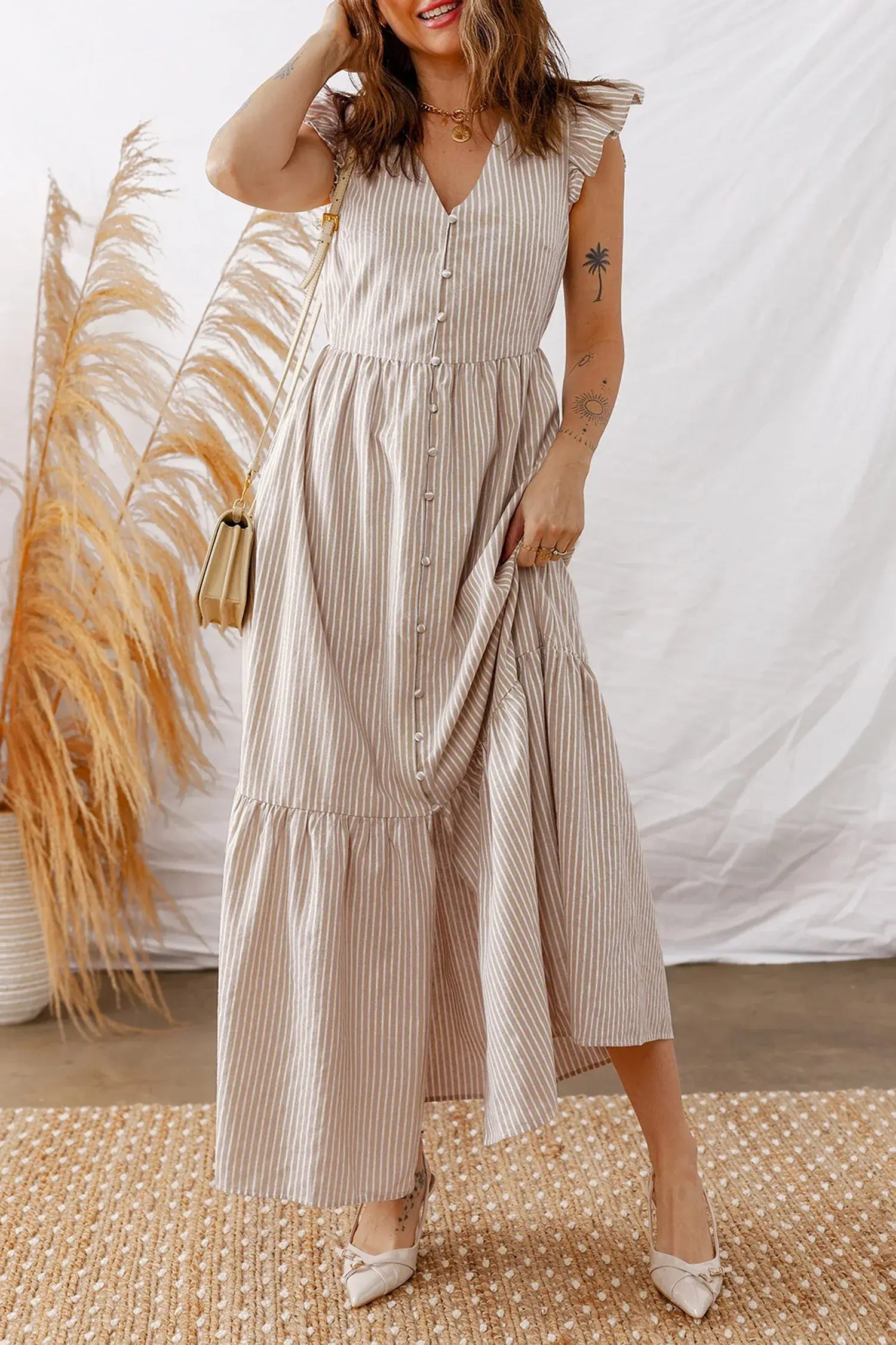 Khaki Stripe Flutter Sleeve Buttoned Front Slit Maxi Dress