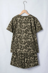 Brown Leopard Print Crew Neck Short Set