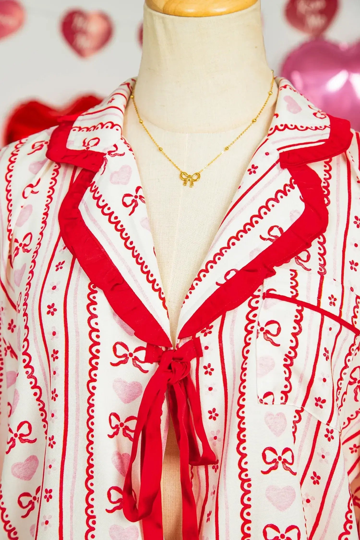Red Sweet Floral Heart Bow Print Contrast Trim Long Sleeve Shirt Pajama Short Set
