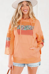 Grapefruit Orange Plaid Floral Patchwork Kangaroo Pocket Hooded Long Sleeve Top